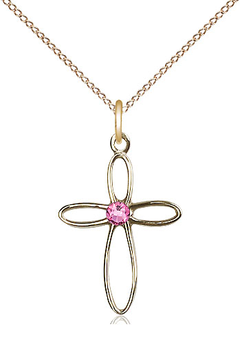 14kt Gold Filled Loop Cross Pendant with a 3mm Rose Swarovski stone on a 18 inch Gold Filled Light Curb chain