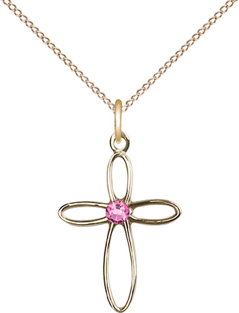 14kt Gold Filled Loop Cross Pendant with a 3mm Rose Swarovski stone on a 18 inch Gold Filled Light Curb chain