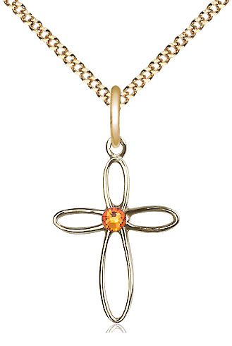 14kt Gold Filled Loop Cross Pendant with a 3mm Topaz Swarovski stone on a 18 inch Gold Plate Light Curb chain