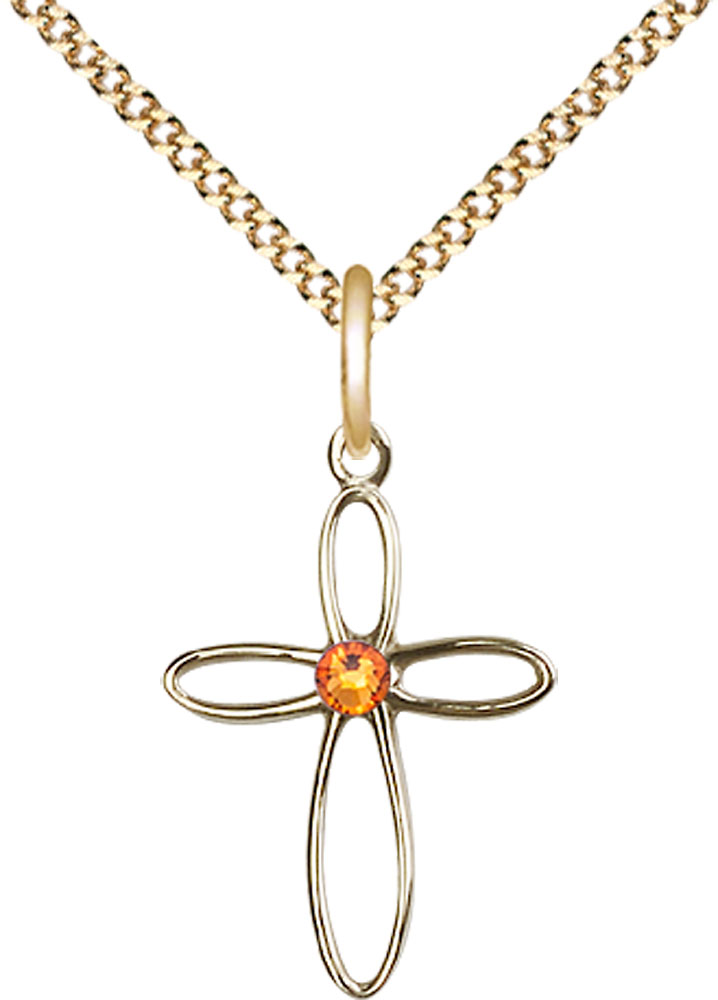 14kt Gold Filled Loop Cross Pendant with a 3mm Topaz Swarovski stone on a 18 inch Gold Plate Light Curb chain