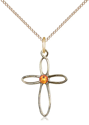 14kt Gold Filled Loop Cross Pendant with a 3mm Topaz Swarovski stone on a 18 inch Gold Filled Light Curb chain