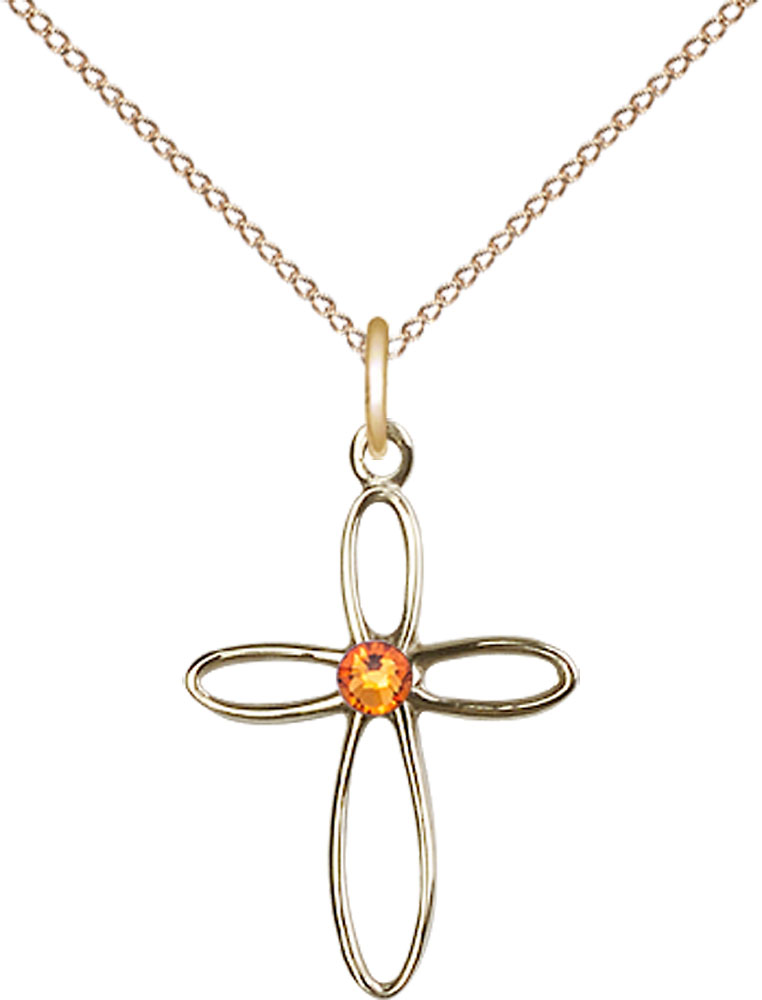 14kt Gold Filled Loop Cross Pendant with a 3mm Topaz Swarovski stone on a 18 inch Gold Filled Light Curb chain