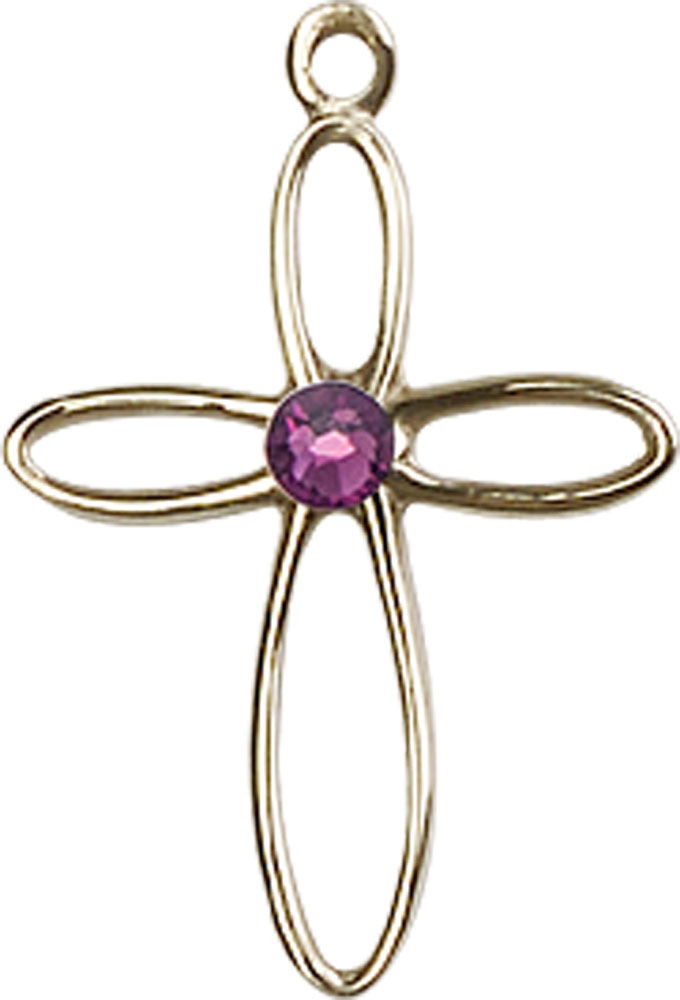 14kt Gold Filled Loop Cross Medal with a 3mm Amethyst Swarovski stone