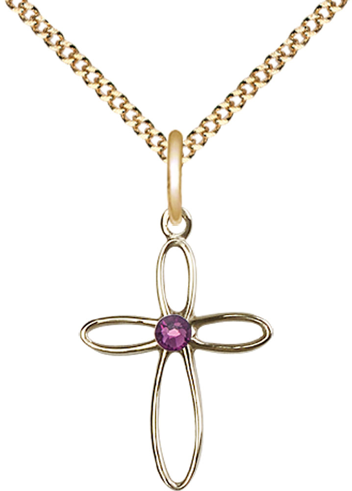 14kt Gold Filled Loop Cross Pendant with a 3mm Amethyst Swarovski stone on a 18 inch Gold Plate Light Curb chain