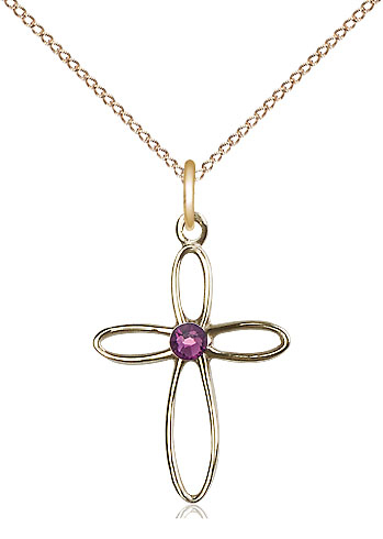 14kt Gold Filled Loop Cross Pendant with a 3mm Amethyst Swarovski stone on a 18 inch Gold Filled Light Curb chain