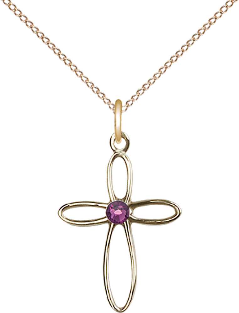 14kt Gold Filled Loop Cross Pendant with a 3mm Amethyst Swarovski stone on a 18 inch Gold Filled Light Curb chain