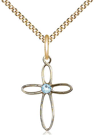 14kt Gold Filled Loop Cross Pendant with a 3mm Aqua Swarovski stone on a 18 inch Gold Plate Light Curb chain