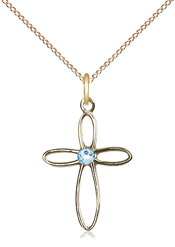 14kt Gold Filled Loop Cross Pendant with a 3mm Aqua Swarovski stone on a 18 inch Gold Filled Light Curb chain