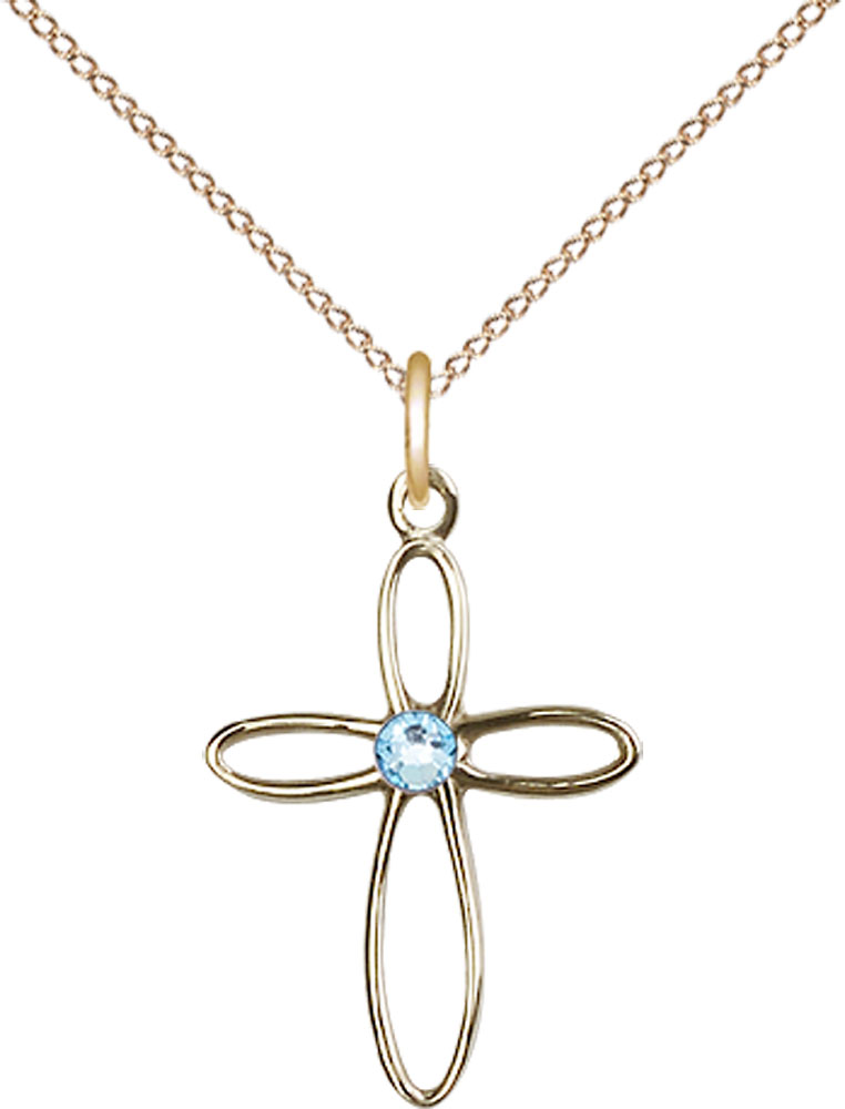 14kt Gold Filled Loop Cross Pendant with a 3mm Aqua Swarovski stone on a 18 inch Gold Filled Light Curb chain