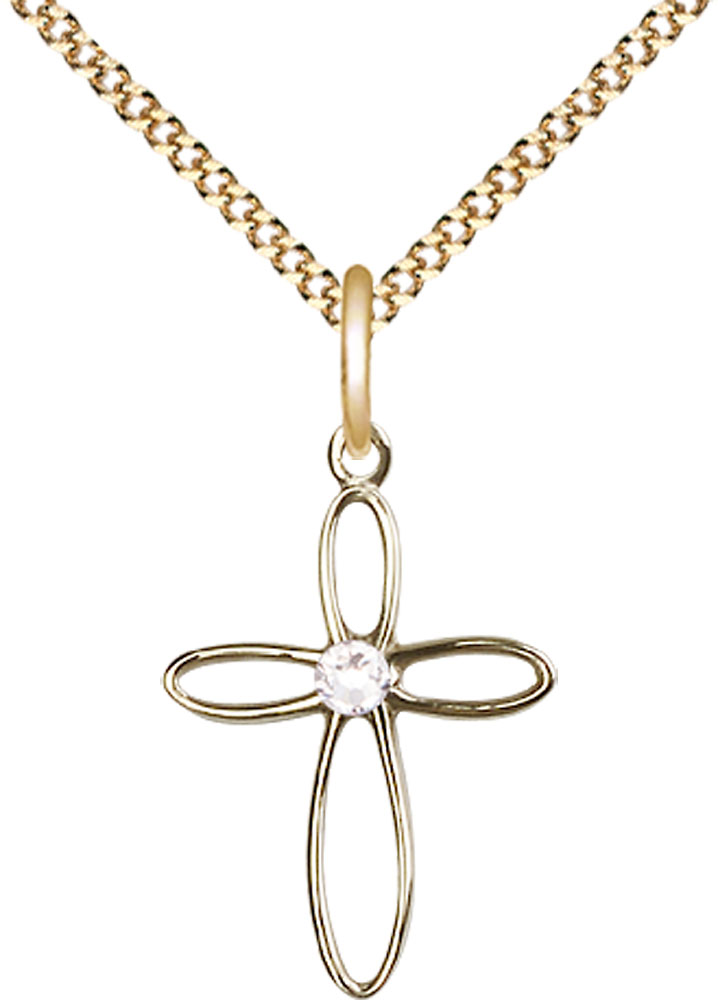 14kt Gold Filled Loop Cross Pendant with a 3mm Crystal Swarovski stone on a 18 inch Gold Plate Light Curb chain