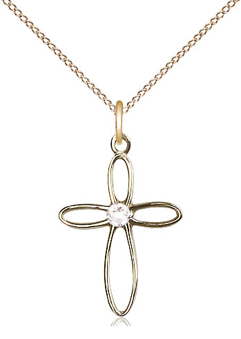 14kt Gold Filled Loop Cross Pendant with a 3mm Crystal Swarovski stone on a 18 inch Gold Filled Light Curb chain