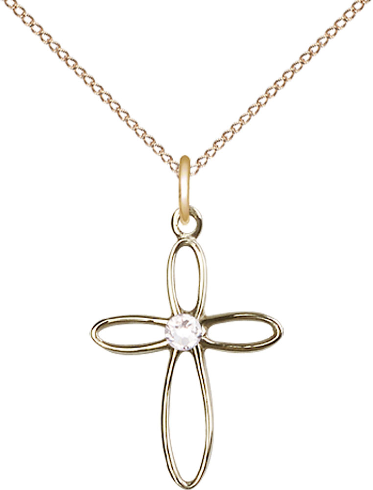 14kt Gold Filled Loop Cross Pendant with a 3mm Crystal Swarovski stone on a 18 inch Gold Filled Light Curb chain