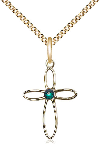 14kt Gold Filled Loop Cross Pendant with a 3mm Emerald Swarovski stone on a 18 inch Gold Plate Light Curb chain