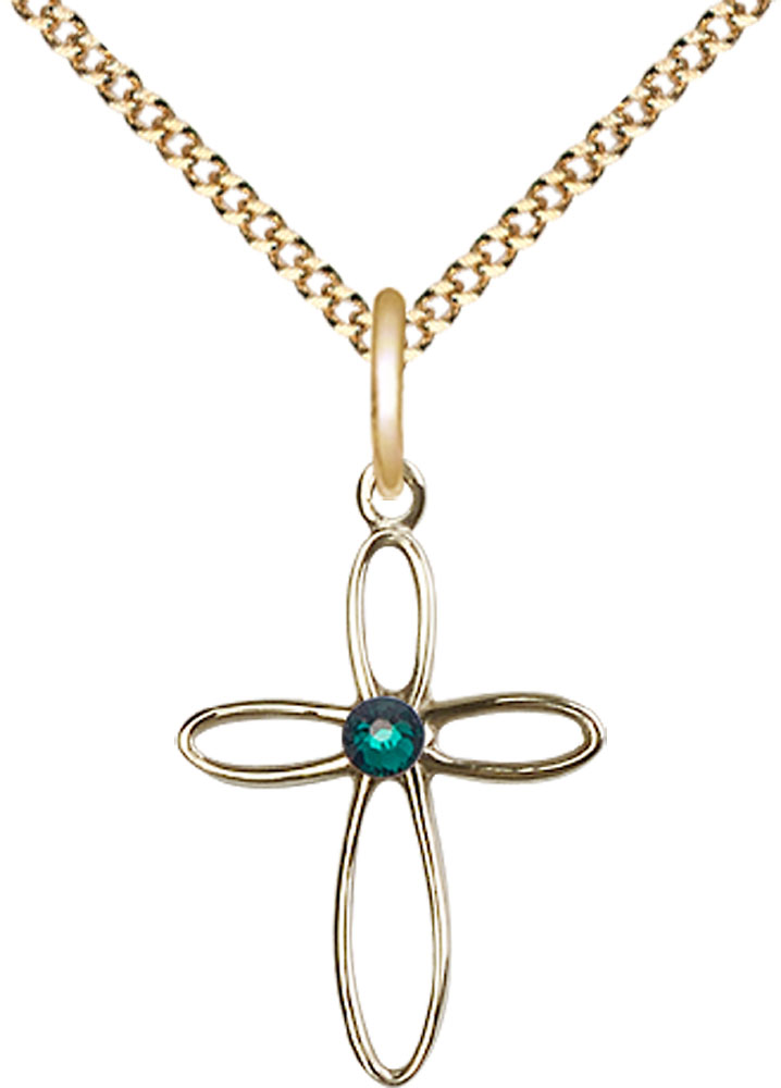 14kt Gold Filled Loop Cross Pendant with a 3mm Emerald Swarovski stone on a 18 inch Gold Plate Light Curb chain