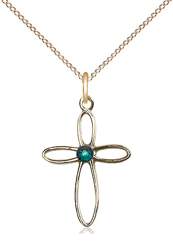 14kt Gold Filled Loop Cross Pendant with a 3mm Emerald Swarovski stone on a 18 inch Gold Filled Light Curb chain