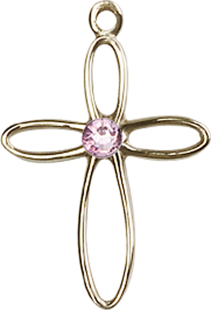 14kt Gold Filled Loop Cross Medal with a 3mm Light Amethyst Swarovski stone