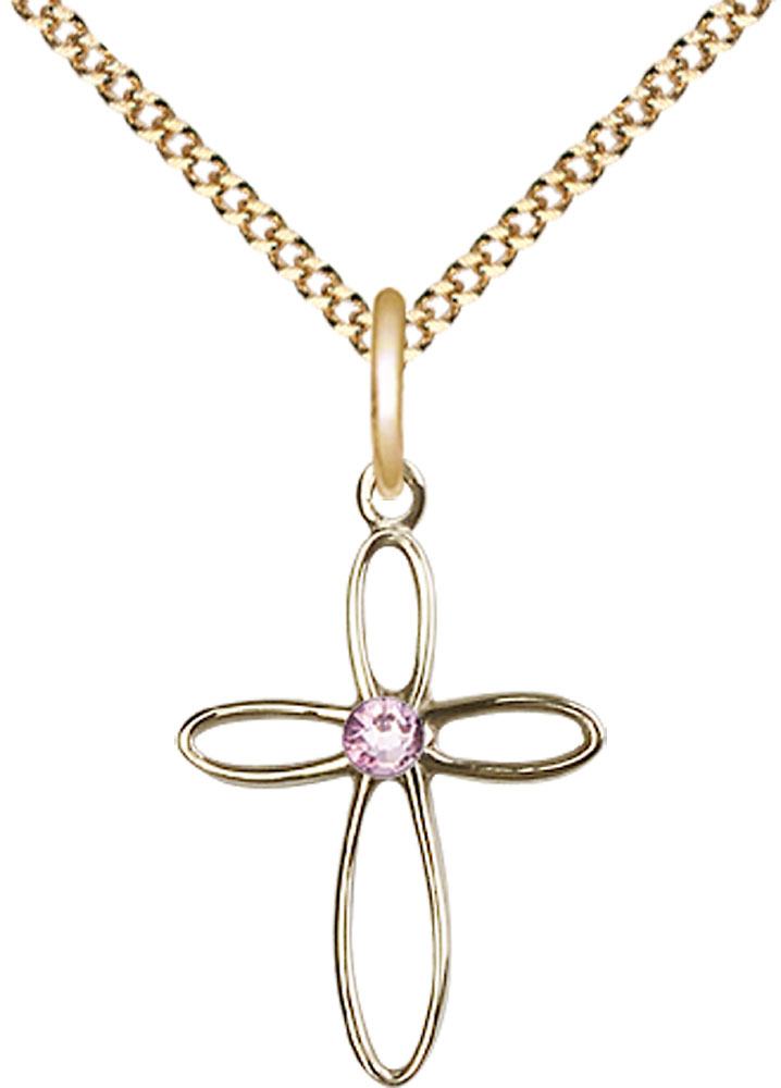 14kt Gold Filled Loop Cross Pendant with a 3mm Light Amethyst Swarovski stone on a 18 inch Gold Plate Light Curb chain