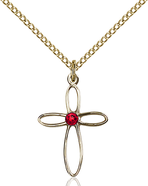 14kt Gold Filled Loop Cross Pendant with a 3mm Ruby Swarovski stone on a 18 inch Gold Filled Light Curb chain