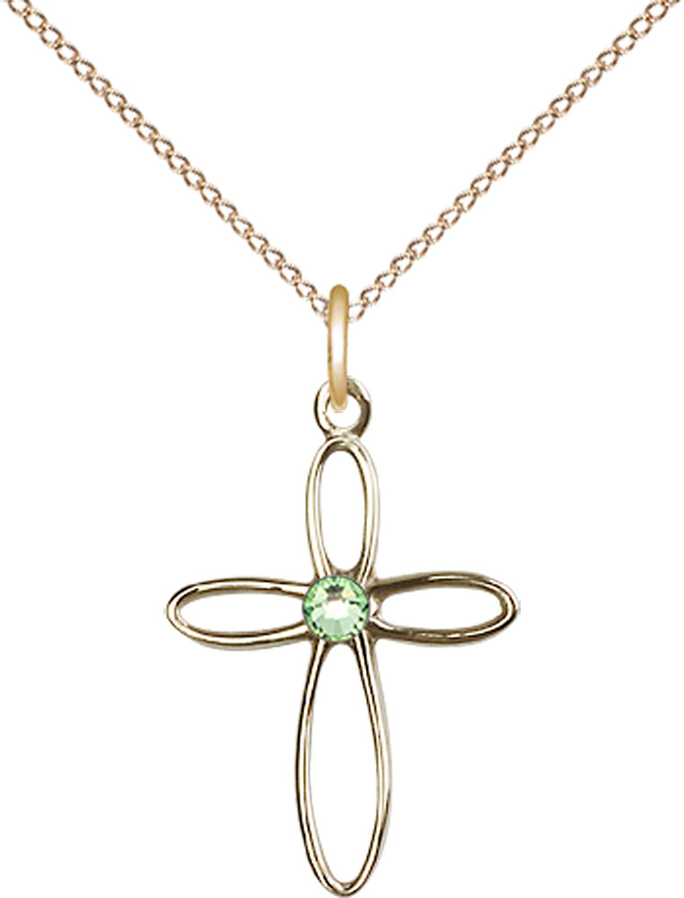 14kt Gold Filled Loop Cross Pendant with a 3mm Peridot Swarovski stone on a 18 inch Gold Filled Light Curb chain