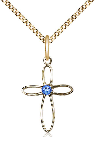 14kt Gold Filled Loop Cross Pendant with a 3mm Sapphire Swarovski stone on a 18 inch Gold Plate Light Curb chain