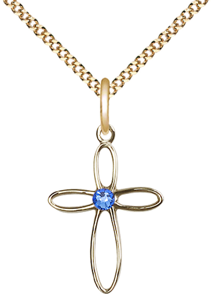 14kt Gold Filled Loop Cross Pendant with a 3mm Sapphire Swarovski stone on a 18 inch Gold Plate Light Curb chain