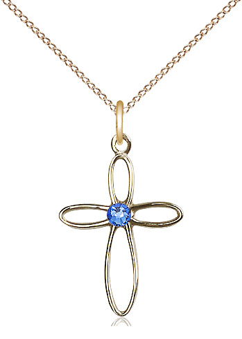 14kt Gold Filled Loop Cross Pendant with a 3mm Sapphire Swarovski stone on a 18 inch Gold Filled Light Curb chain