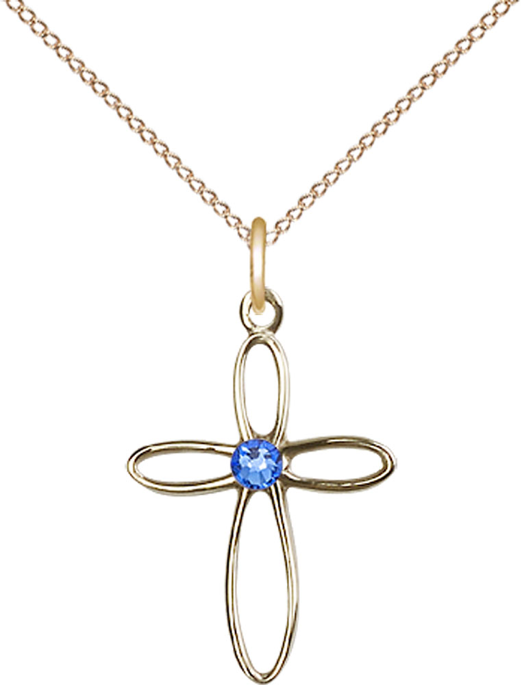 14kt Gold Filled Loop Cross Pendant with a 3mm Sapphire Swarovski stone on a 18 inch Gold Filled Light Curb chain