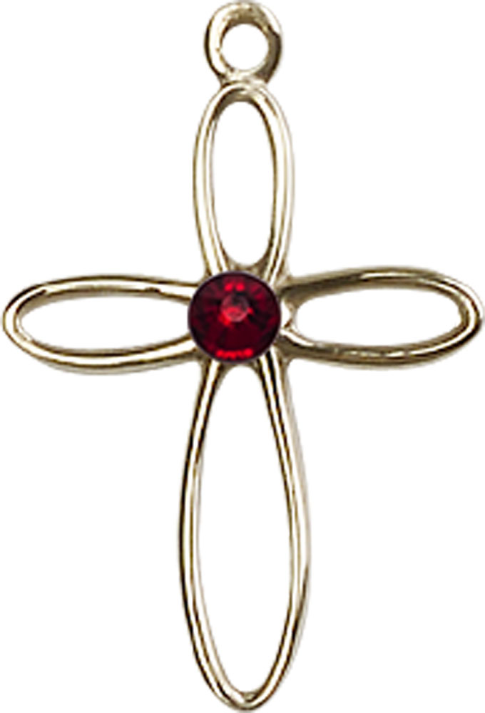 14kt Gold Loop Cross Medal with a 3mm Garnet Swarovski stone