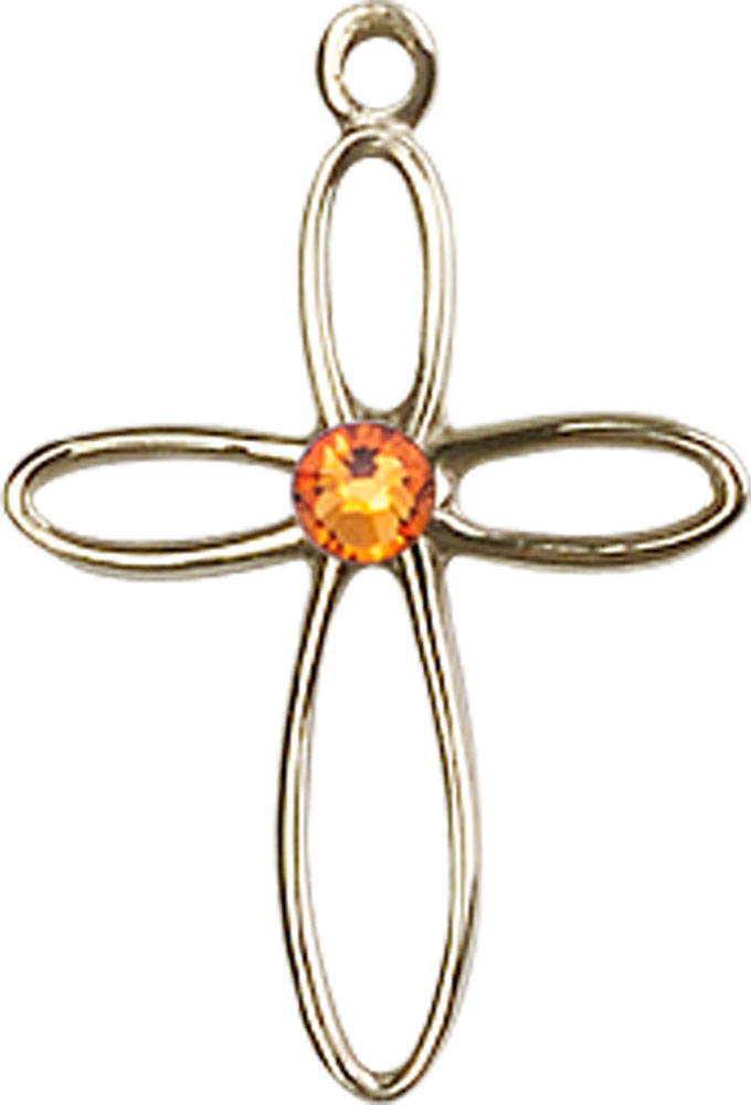 14kt Gold Loop Cross Medal with a 3mm Topaz Swarovski stone