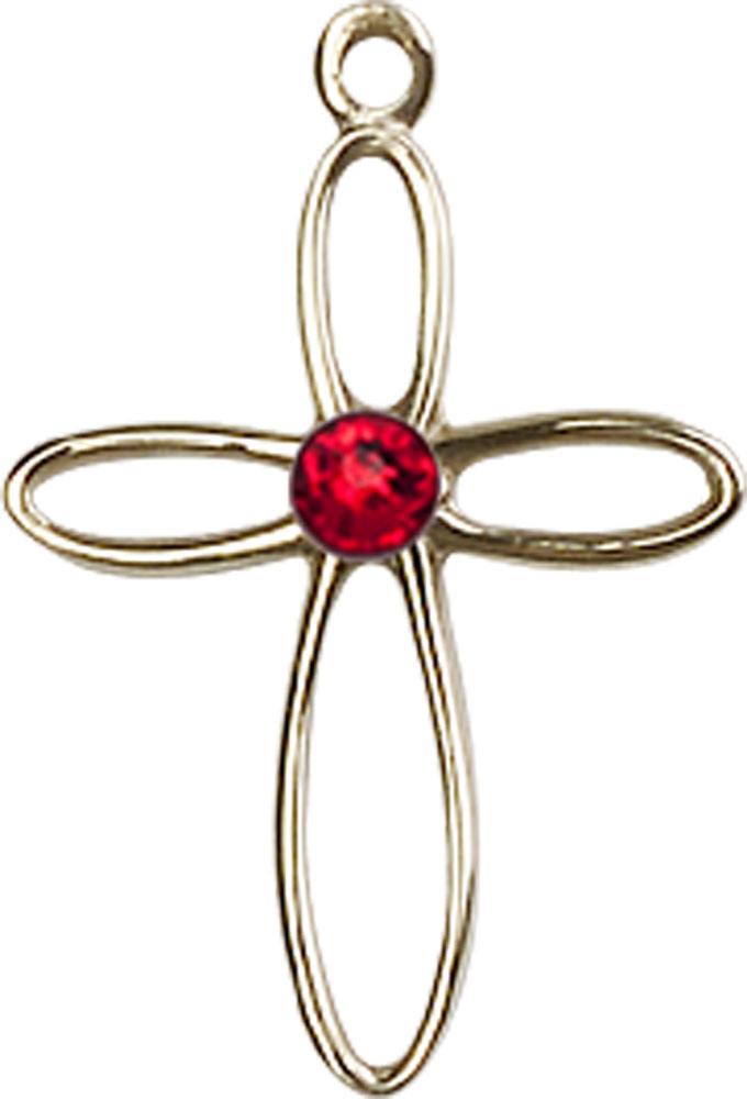 14kt Gold Loop Cross Medal with a 3mm Ruby Swarovski stone