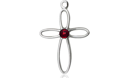 Sterling Silver Loop Cross Medal with a 3mm Garnet Swarovski stone