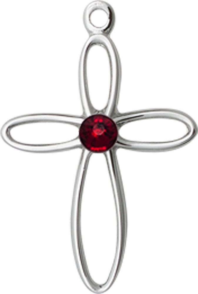 Sterling Silver Loop Cross Medal with a 3mm Garnet Swarovski stone