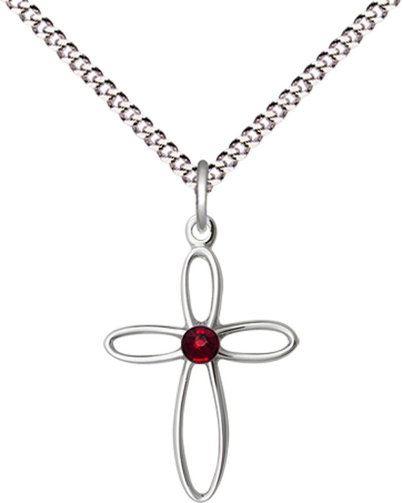 Sterling Silver Loop Cross Pendant with a 3mm Garnet Swarovski stone on a 18 inch Light Rhodium Light Curb chain