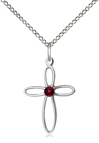 Sterling Silver Loop Cross Pendant with a 3mm Garnet Swarovski stone on a 18 inch Sterling Silver Light Curb chain