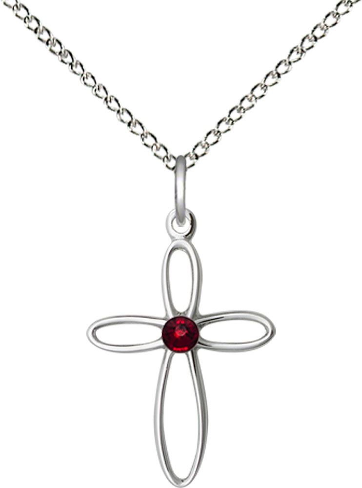 Sterling Silver Loop Cross Pendant with a 3mm Garnet Swarovski stone on a 18 inch Sterling Silver Light Curb chain