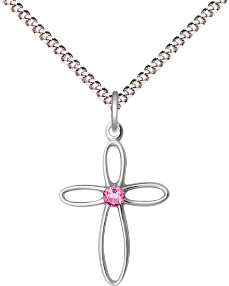 Sterling Silver Loop Cross Pendant with a 3mm Rose Swarovski stone on a 18 inch Light Rhodium Light Curb chain