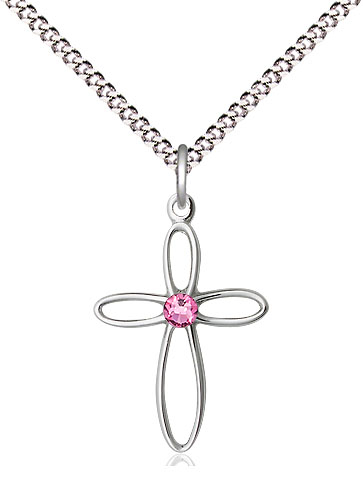 Sterling Silver Loop Cross Pendant with a 3mm Rose Swarovski stone on a 18 inch Light Rhodium Light Curb chain