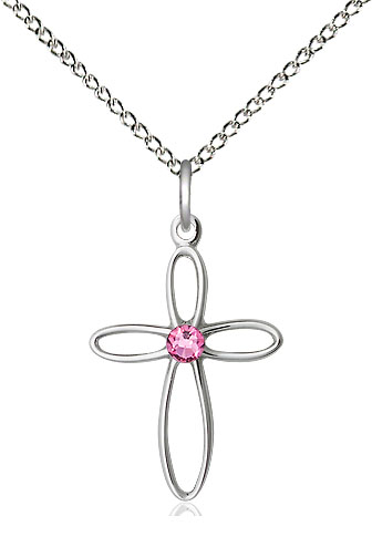 Sterling Silver Loop Cross Pendant with a 3mm Rose Swarovski stone on a 18 inch Sterling Silver Light Curb chain
