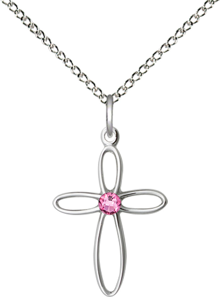 Sterling Silver Loop Cross Pendant with a 3mm Rose Swarovski stone on a 18 inch Sterling Silver Light Curb chain