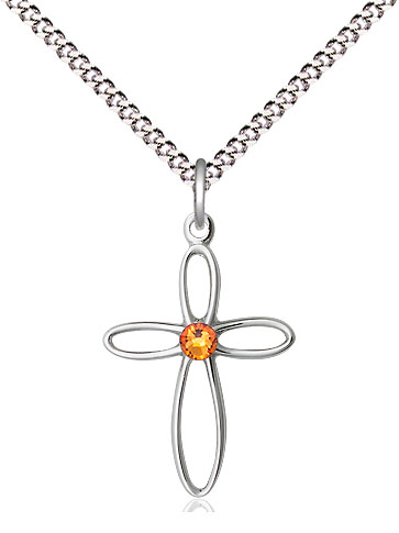 Sterling Silver Loop Cross Pendant with a 3mm Topaz Swarovski stone on a 18 inch Light Rhodium Light Curb chain