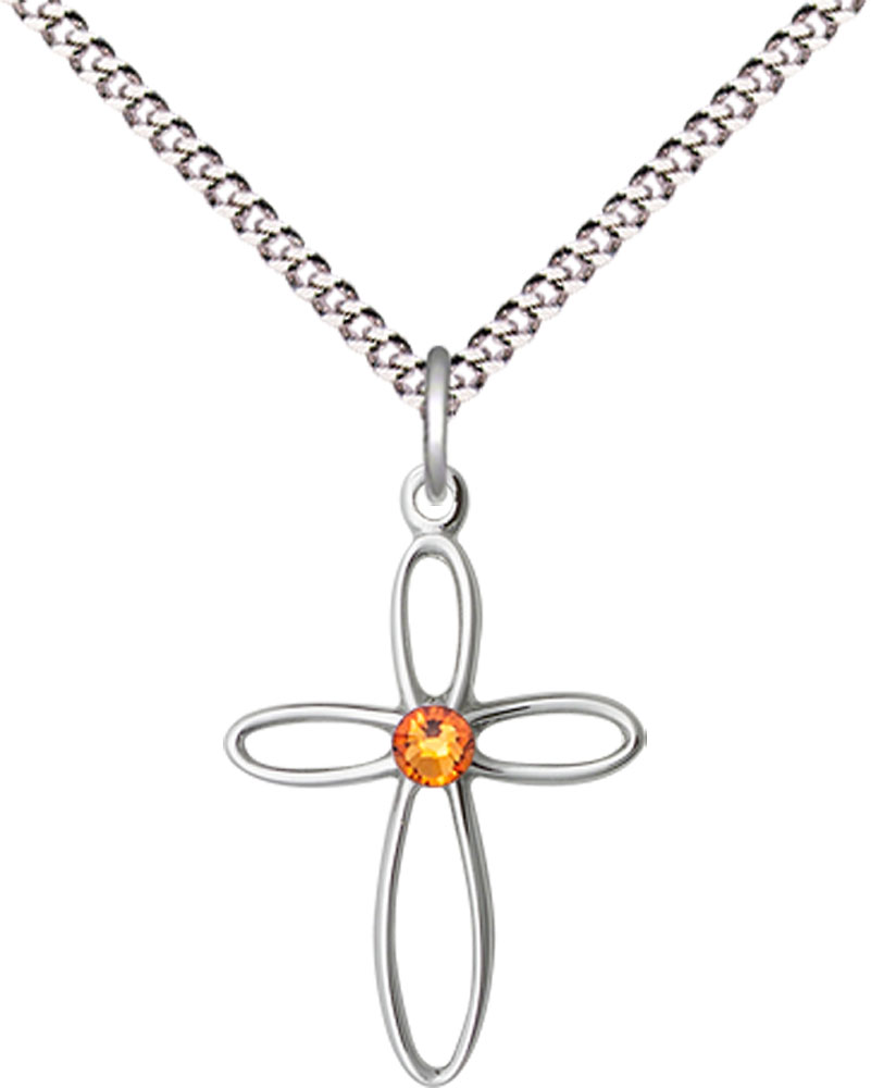 Sterling Silver Loop Cross Pendant with a 3mm Topaz Swarovski stone on a 18 inch Light Rhodium Light Curb chain