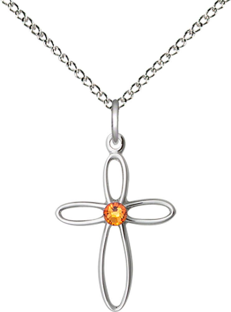 Sterling Silver Loop Cross Pendant with a 3mm Topaz Swarovski stone on a 18 inch Sterling Silver Light Curb chain