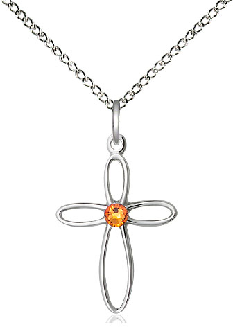 Sterling Silver Loop Cross Pendant with a 3mm Topaz Swarovski stone on a 18 inch Sterling Silver Light Curb chain