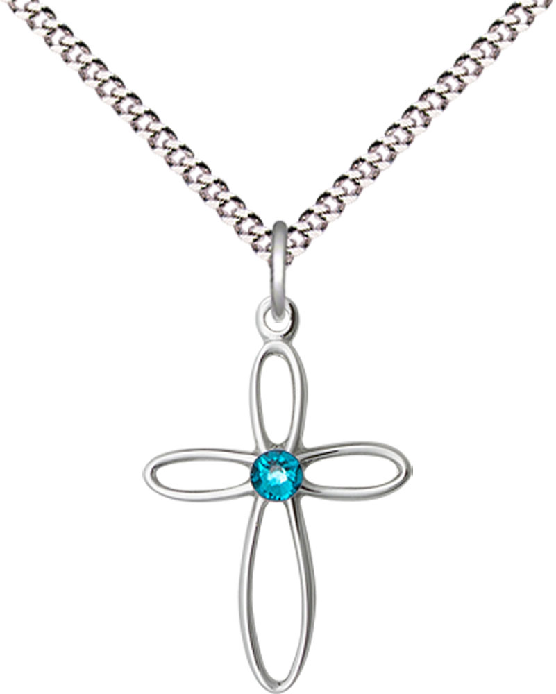 Sterling Silver Loop Cross Pendant with a 3mm Zircon Swarovski stone on a 18 inch Light Rhodium Light Curb chain