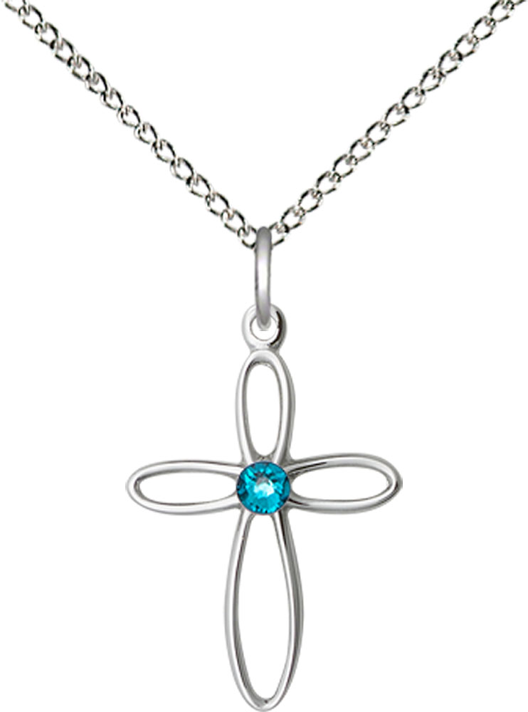 Sterling Silver Loop Cross Pendant with a 3mm Zircon Swarovski stone on a 18 inch Sterling Silver Light Curb chain