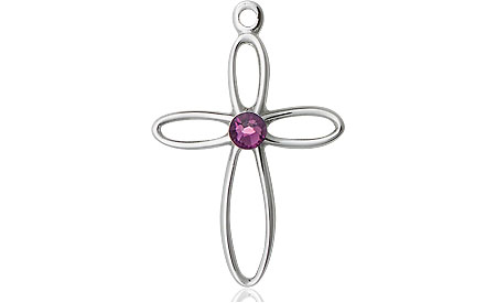 Sterling Silver Loop Cross Medal with a 3mm Amethyst Swarovski stone