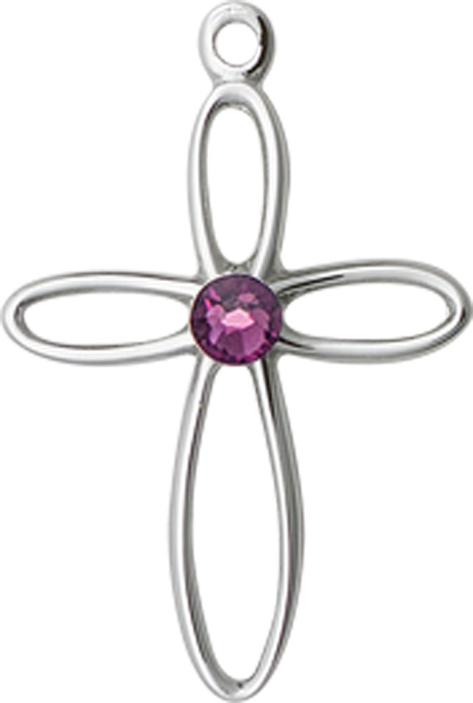 Sterling Silver Loop Cross Medal with a 3mm Amethyst Swarovski stone