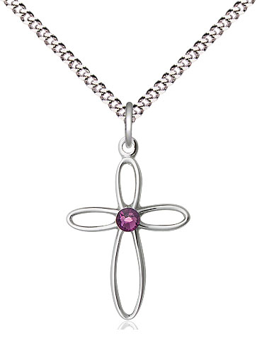 Sterling Silver Loop Cross Pendant with a 3mm Amethyst Swarovski stone on a 18 inch Light Rhodium Light Curb chain