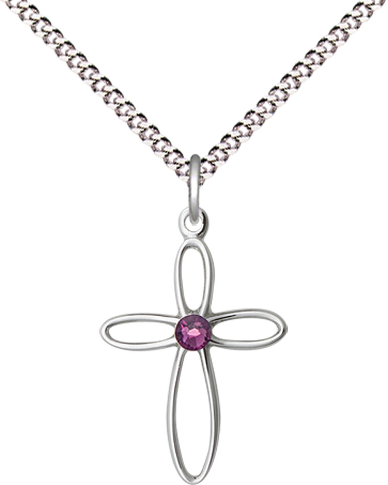 Sterling Silver Loop Cross Pendant with a 3mm Amethyst Swarovski stone on a 18 inch Light Rhodium Light Curb chain