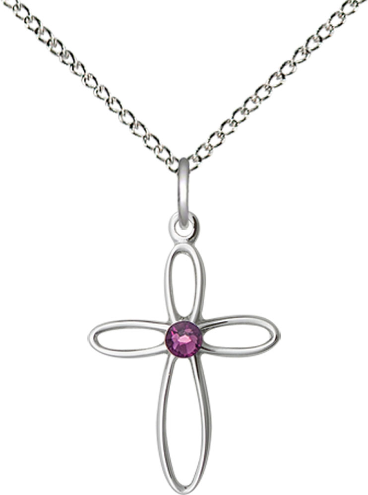 Sterling Silver Loop Cross Pendant with a 3mm Amethyst Swarovski stone on a 18 inch Sterling Silver Light Curb chain